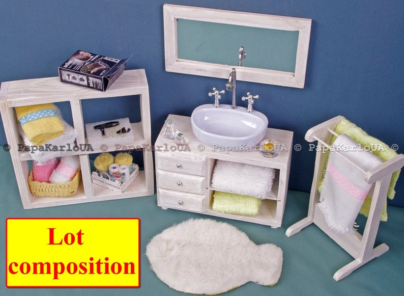 Bathroom set, Ceramic washbasin with cabinet, Towel dryer, mirror, dollhouse wooden Furniture 1:6 scale for Sindy Barbie mini Accessories image 2