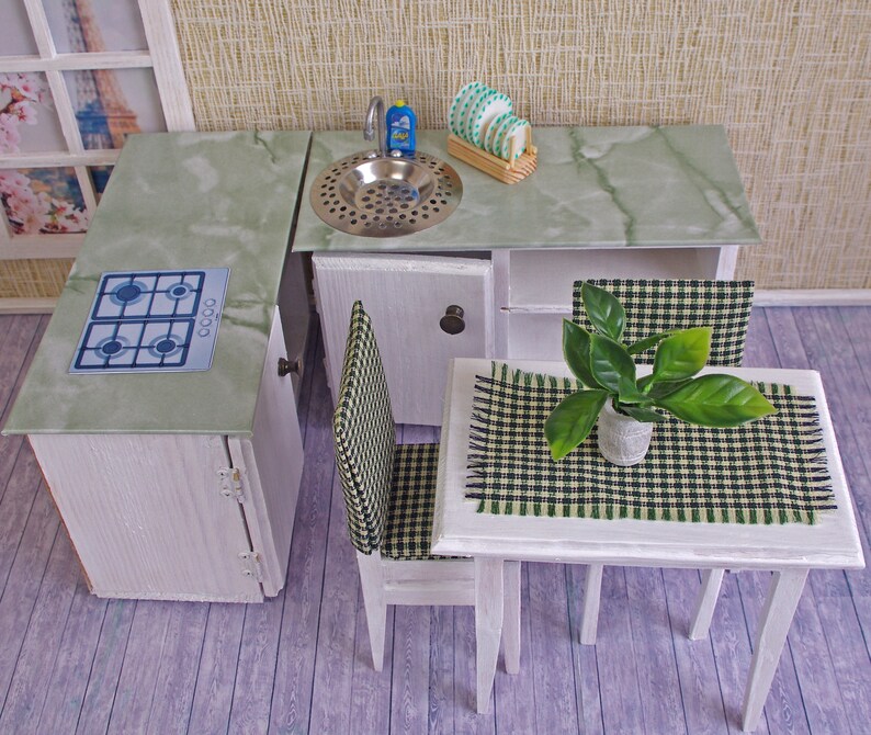 Dollhouse furniture KITCHEN set, table, 2 chairs, cabinet sink, Hob stove, for 12 dolls, 1:6 scale miniature accessories image 9