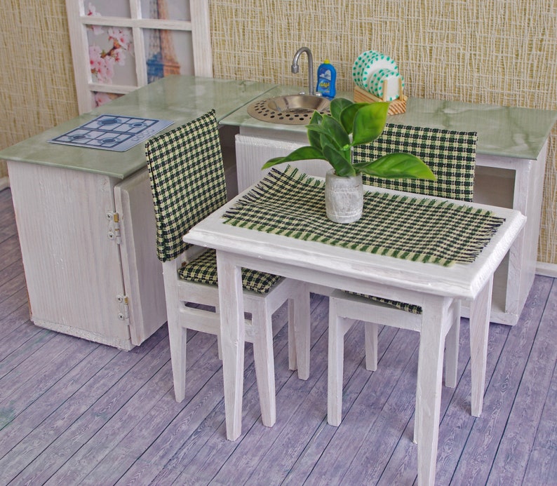 Dollhouse furniture KITCHEN set, table, 2 chairs, cabinet sink, Hob stove, for 12 dolls, 1:6 scale miniature accessories image 8