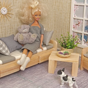 LIVING Room Set, sofa and armchair, Dollhouse wooden Furniture, dolls lounge chair 1:6 scale, 12” dolls miniature,  Role Playing games