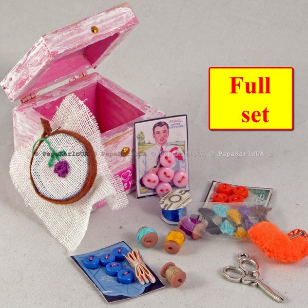 Dollhouse Miniatures, decor accessories, Tailors Sewing kit in wooden box, living Room 1:6 scale 12" dolls Rolle Playing