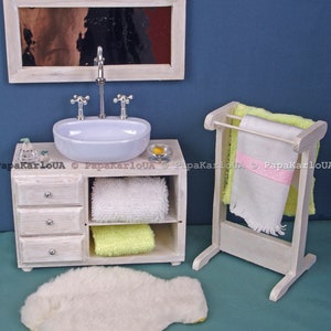 Bathroom set, Ceramic washbasin with cabinet, Towel dryer, mirror, dollhouse wooden Furniture 1:6 scale for Sindy Barbie mini Accessories image 9