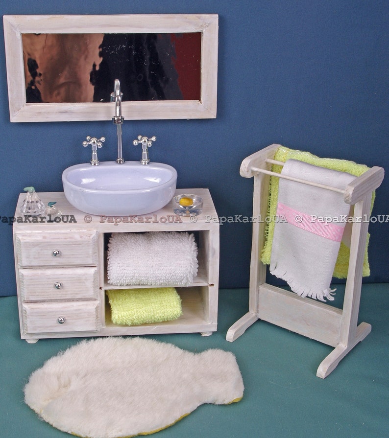 Bathroom set, Ceramic washbasin with cabinet, Towel dryer, mirror, dollhouse wooden Furniture 1:6 scale for Sindy Barbie mini Accessories image 9