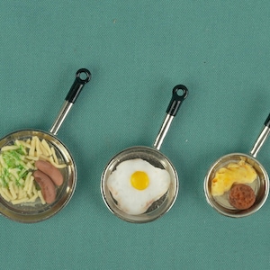 Miniature Dollhouse Kitchen Set, Polymer Clay Food, Three Pans