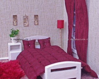 Bed linen set for 12 inch doll, dollhouse bed 1:6 scale, chic set 3 piece, bedding cover, bedspread, cushion miniature