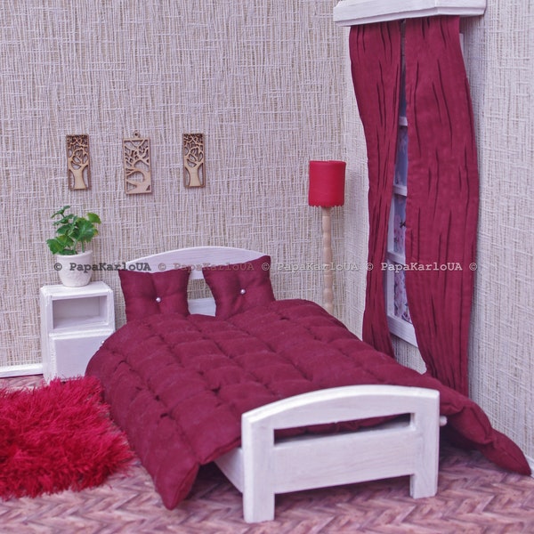 Bed linen set for 12 inch doll, dollhouse bed 1:6 scale, chic set 3 piece, bedding cover, bedspread, cushion miniature