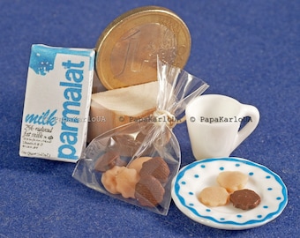 Breakfast menu, Realistic Miniature Food product set for the Dollhouse, Artisan Handmade Miniature, 1:6 size, packages of cured milk,  cake