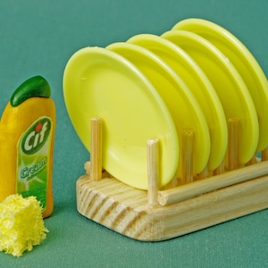 Dollhouse Kitchen Set: Miniature Plates, Rack, and Accessories