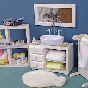 Bathroom set, Ceramic washbasin with cabinet, Towel dryer, mirror, dollhouse wooden Furniture 1:6 scale for Sindy Barbie mini Accessories