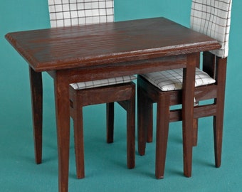 Dollhouse Dining Set: Wood Table & 2 Plaid Chairs, 1∶6 Scale