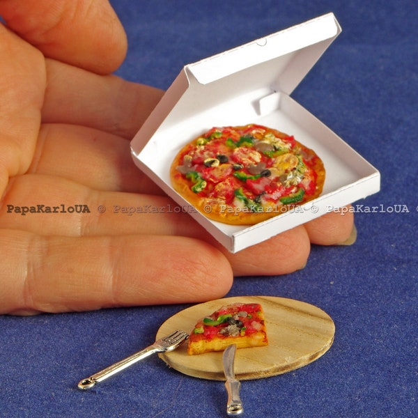 PIZZA PARTY SET packaged pizza with wooden board, metal knife, Miniatures toys food, Doll Kitchen, Dining Room 1:6 scale