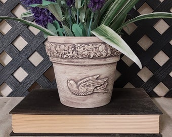 Planter-Clay Pot-Home Decor-Plants-Vessel-Bird Motif-French-Country-Farmhouse-Vintage