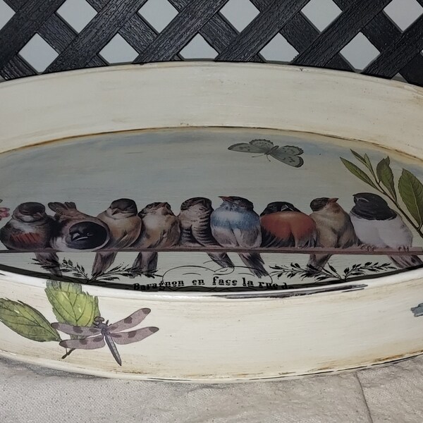 Vintage-Oval Tray-Metal-Decorative Tray-Birds Art