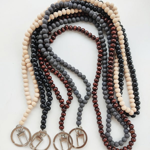 Longe de perles de bois - Collier de perles - Porte-cartes en perles de bois - Porte-clés élastique en perles de bois - Porte-cartes d'identité de perles unisexes - Collier de perles boho