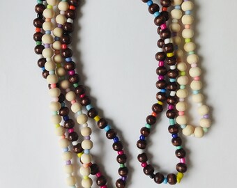 Wood bead Lanyard - Beaded necklace - wood beaded Card holder - elastic wooden Beads keyholder- unisex Beads ID holder- boho beaded necklace