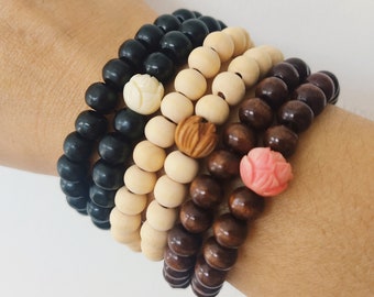 LOTUS Wooden beads Bracelets - Beaded bracelet - elastic wooden Beads bracelet- unisex Beads necklace - boho beaded necklace