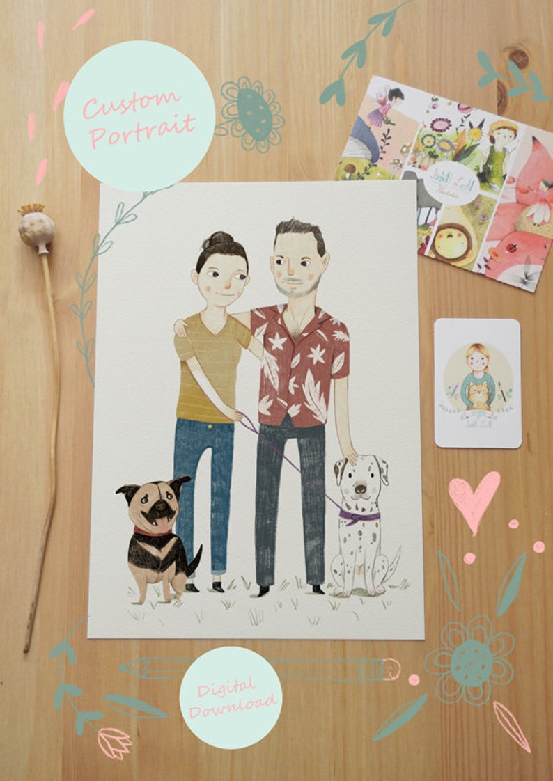 Custom Portrait Illustration Couple Portrait Family Portrait Digital Download image 1