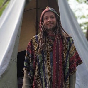 Mexican Style Poncho Hooded 100% Woven Cotton Gheri