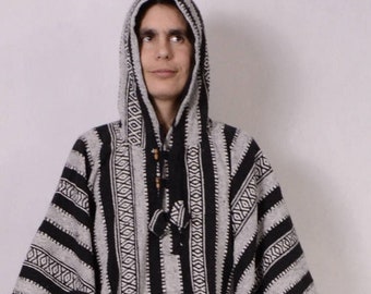 Mexican Style Poncho Hooded 100% Woven Cotton Gheri