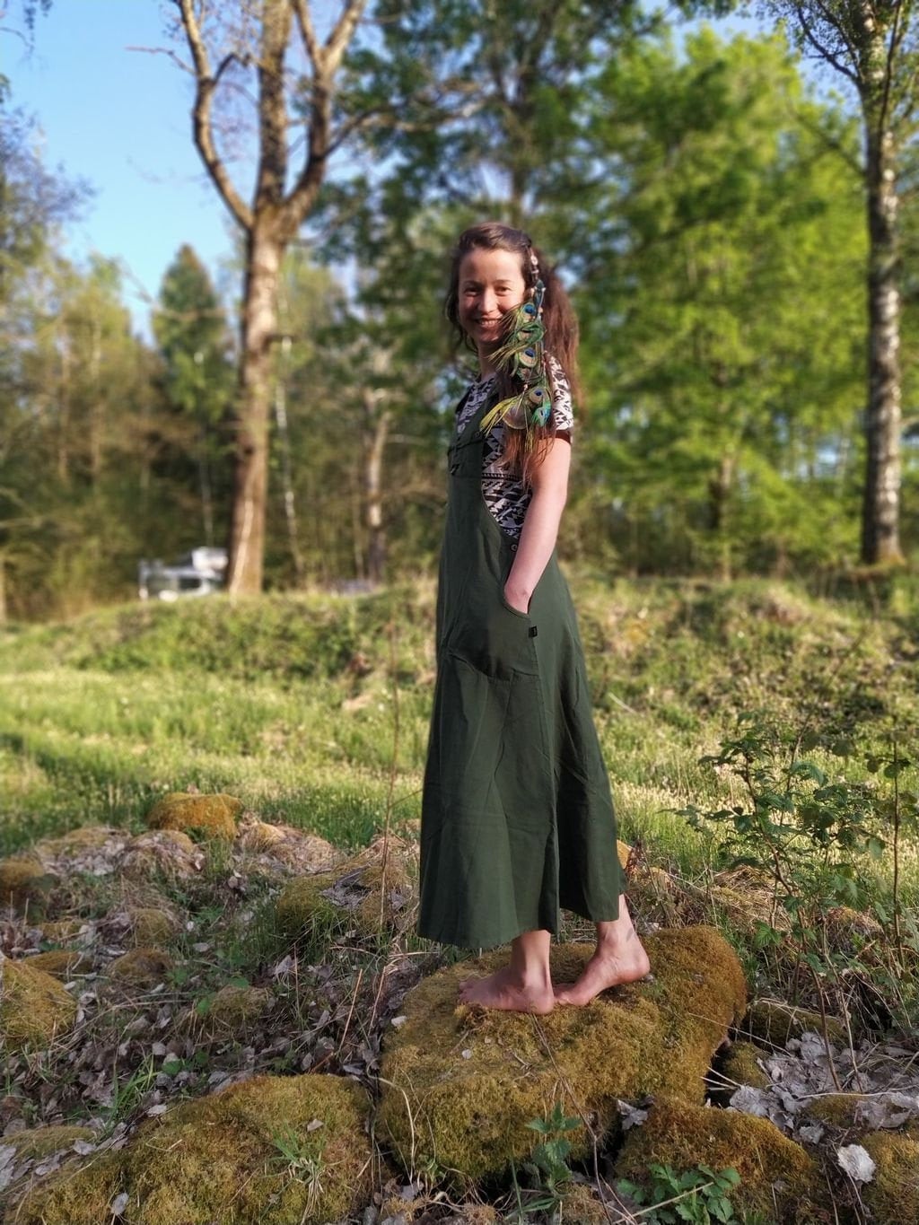 green dungarees dress Dark Green Corduroy Pinafore Dress with Pleated Midi Skirt Green / XS