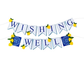 Blue tile and lemons bridal shower wishing well banner, Amalfi coast Mediterranean Bride to be banner, Positano wedding decor, Italy Tuscany