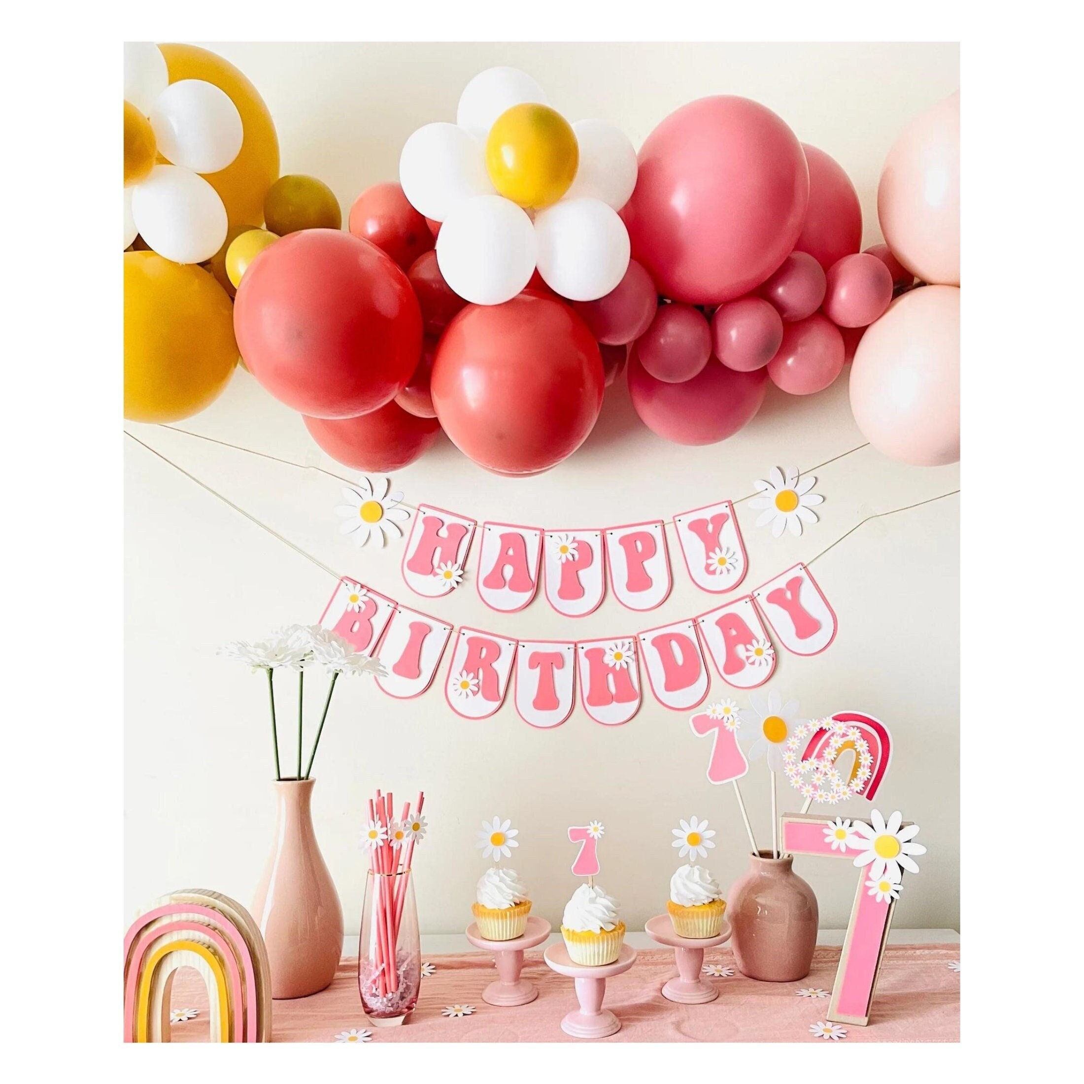 Striscione Per Foto Di Primo Compleanno Daisy – Tema Boho Hippie Con Margherite – Rosa – Compleanno Bambina - 2