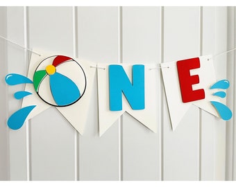 Pool party first birthday highchair banner, Summer themed 1st birthday party decorations, Beach ball, Beach themed birthday party decor