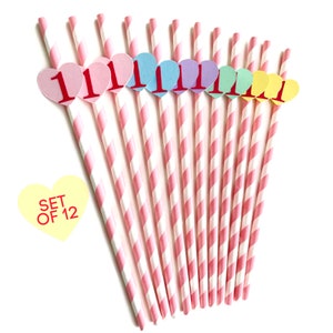 Candy heart paper straws, Valentine’s Day birthday party decorations, Conversation candy birthday decor, Valentine’s Day paper straws