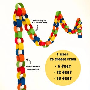 May include: Colorful paper chain garland with red, orange, yellow, green, and blue links. Each strip is 1 1/2 inches wide. Available in 6, 12, and 18 feet lengths. Colors can be customized. Perfect for party decorations.