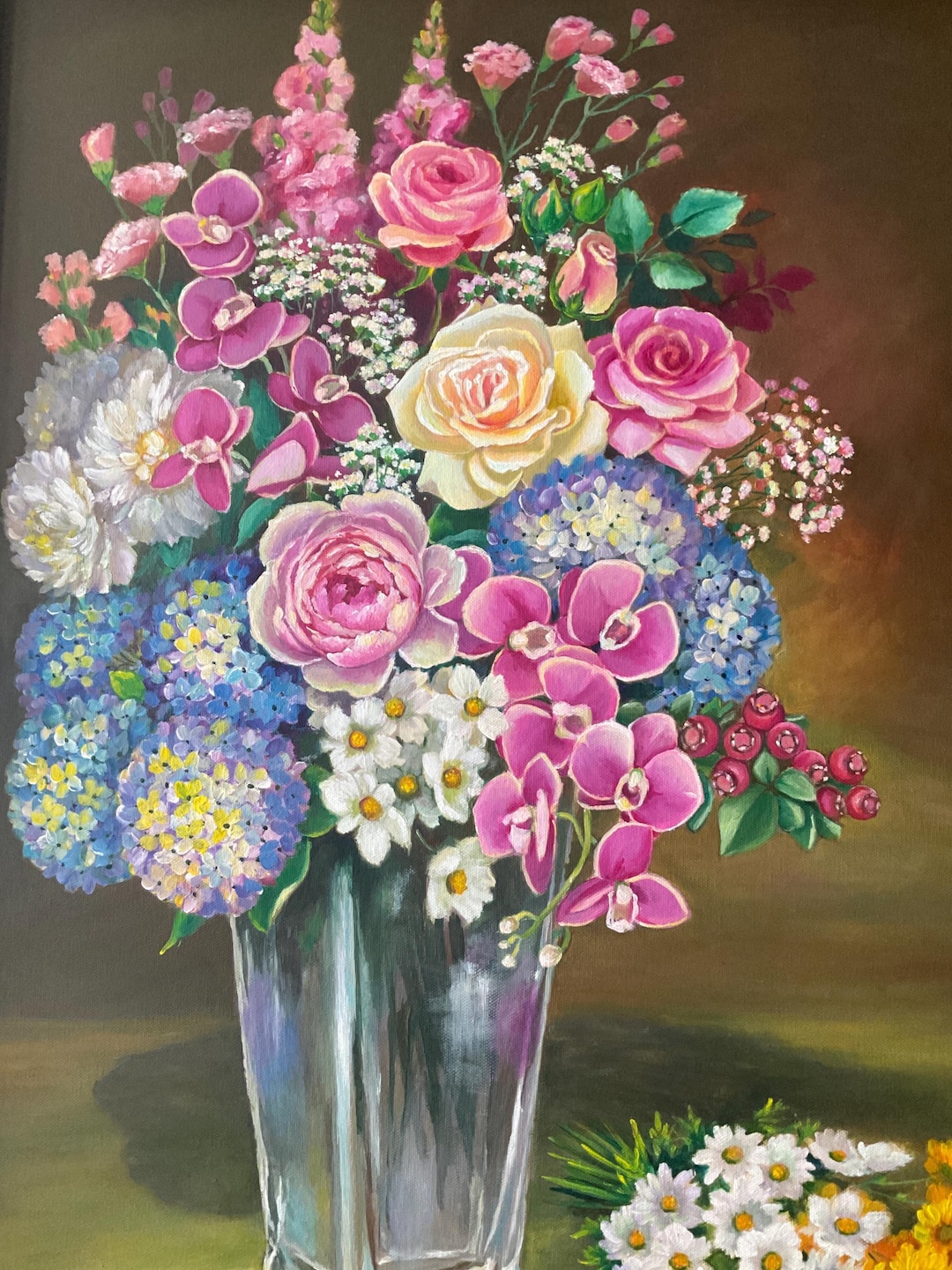 Original Mixed Flower Acrylic Painting – Floral Bouquet in Glass Vase ...