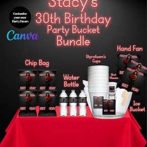 Party Pack , Birthday Bundle, Adult Birthday Party Favor, Party Bucket Template, Party Pack, Birthday SZN Editable Templates, Red and Black