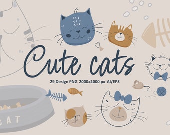 Cute Cat Clipart, Cat Print PNG, Pets Clip Art, Digital PNG Vector