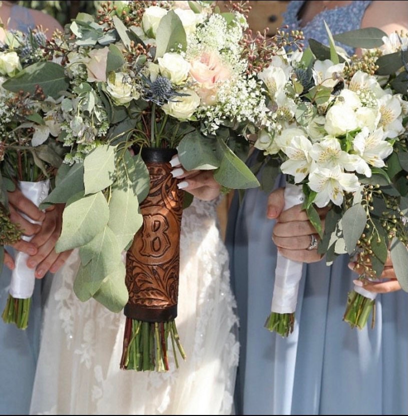 Personalized Leather Bouquet Wrap Hand Tooled Western Wedding Bouquet Custom Bridal Keepsake