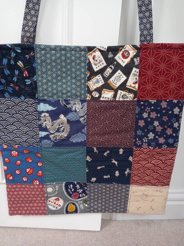 バッグ Japanese Label real leather patchwork Oriental Patchwork Tote Bag, Japanese Fabric Handmade Lined