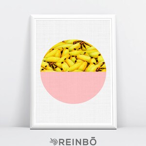 Banana Print, Tropical Fruit Wall Art, Kitchen Decor, Printable Large Poster, Digital Download, Pink and Yellow, Modern Minimalist