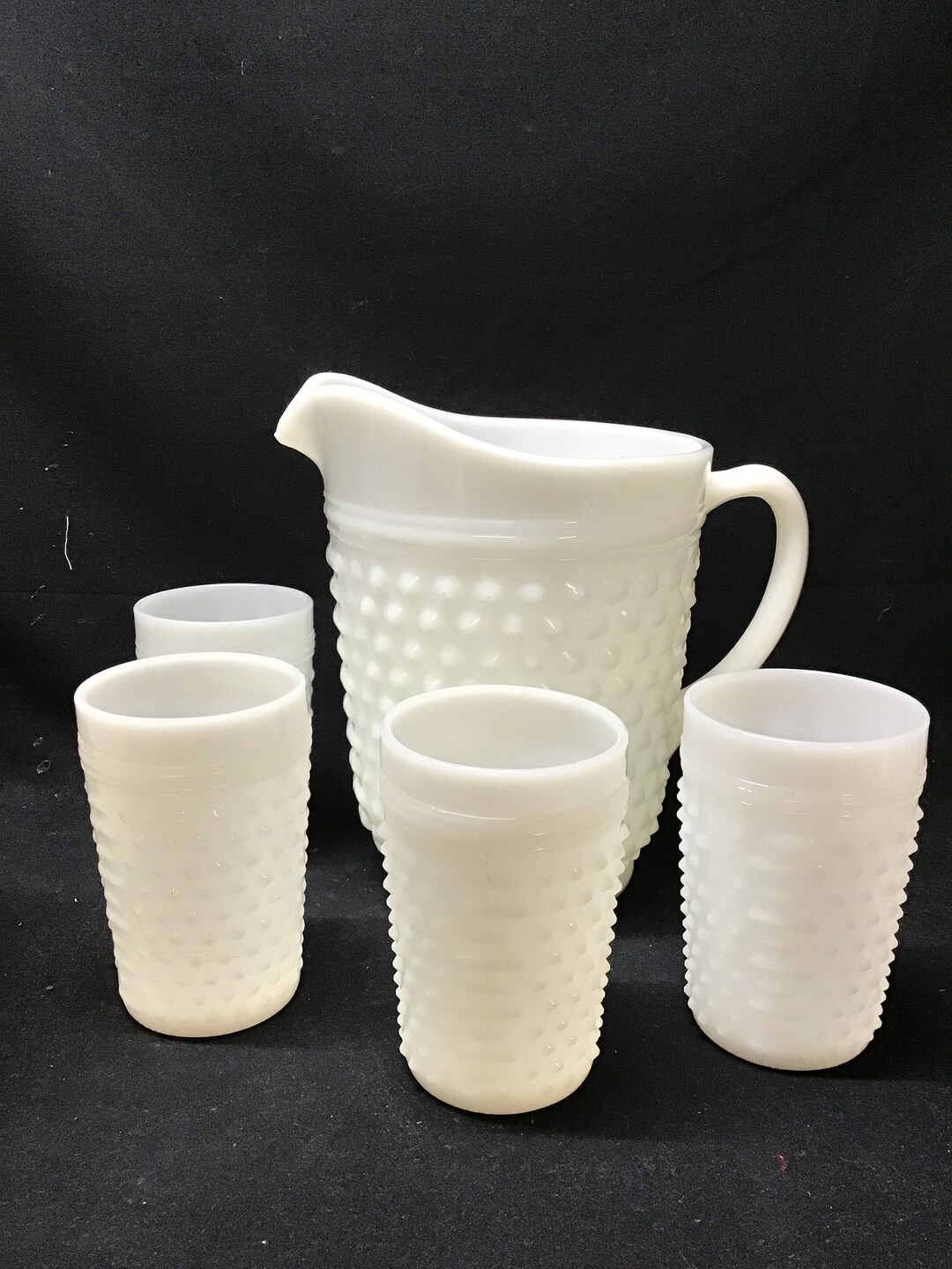 Vintage Milk Glass Pitcher and Set of 4 Drinking Glasses. Hobnail, Dash