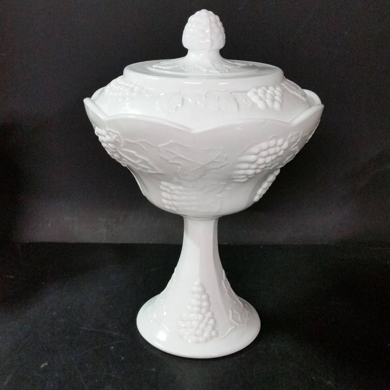 Vintage Milk Glass Pedestal Bowl With Matching Lid. Grape Etsy