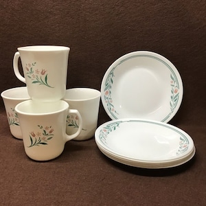 Corelle dishes Rosemarie pattern.   Dinner plates, 6 1/2 inch plates, or mugs