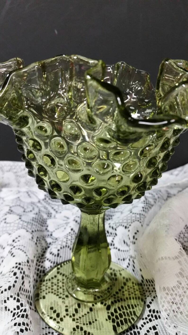 Green Fenton depression glass pedestal candy dish. Thumb print Etsy