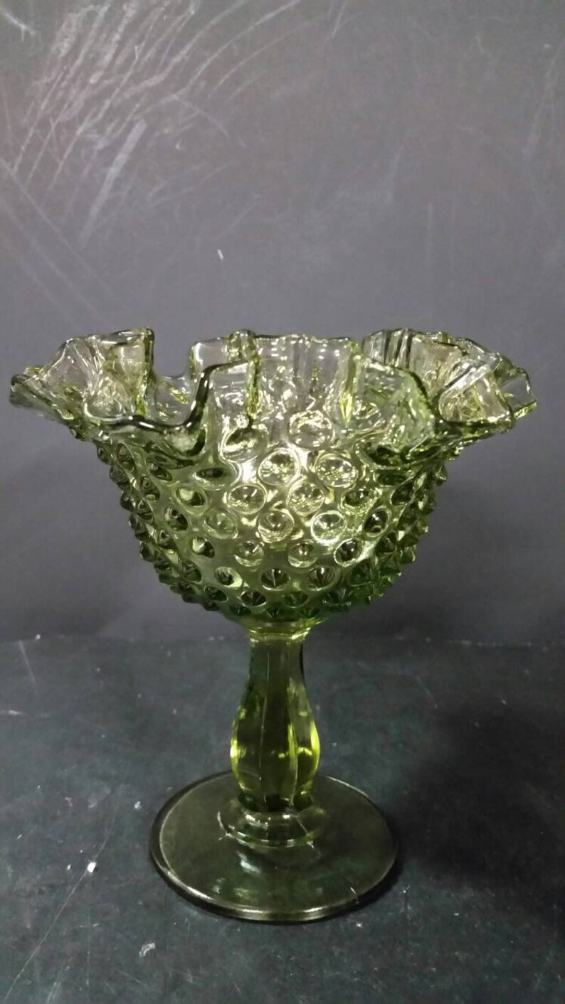 Green Fenton depression glass pedestal candy dish. Thumb print Etsy