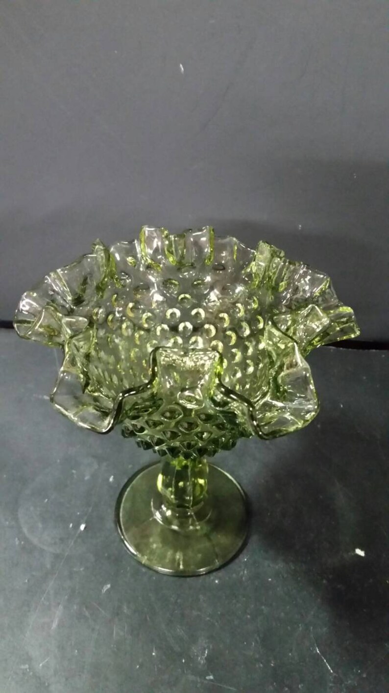 Green Fenton depression glass pedestal candy dish. Thumb print Etsy