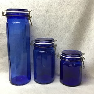 Vintage colbart blue glass canisters jars Wire closure, rubber seal. Set of 3