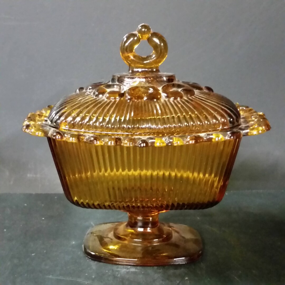 Vintage Golden Amber Glass Rectangular Pedestal Candy Dish, Lidded - Etsy