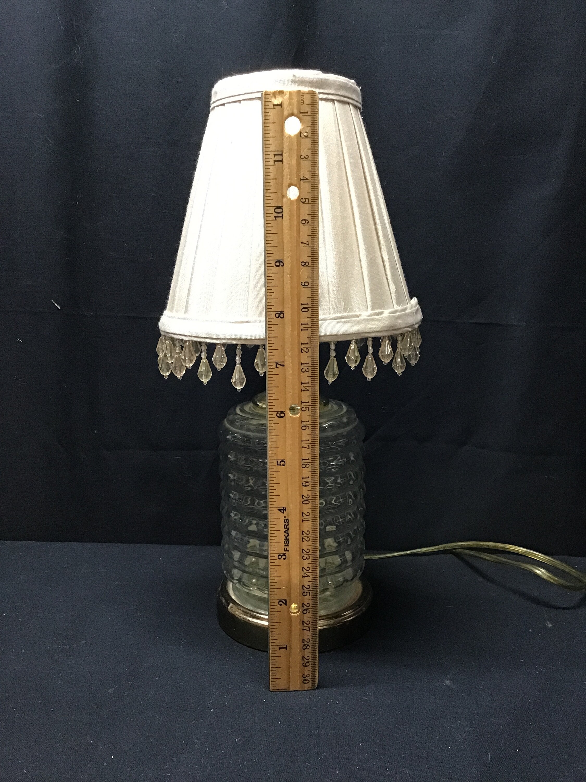 Vintage Vertical Ribbed Glass Lamp. Cloth Beaded Tassel