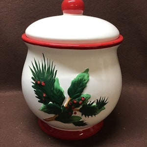 Vintage ceramic Christmas Cookie Jar. Plastic Seal
