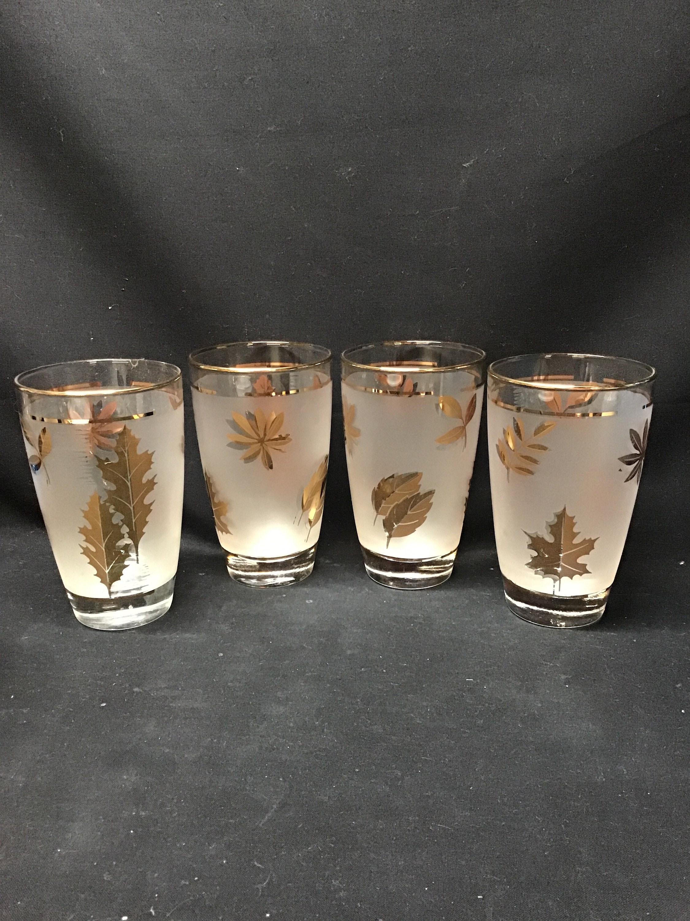 Vintage Libbey Gold Leaf Foliage Frosted Tall Water Glasses- Set of 8