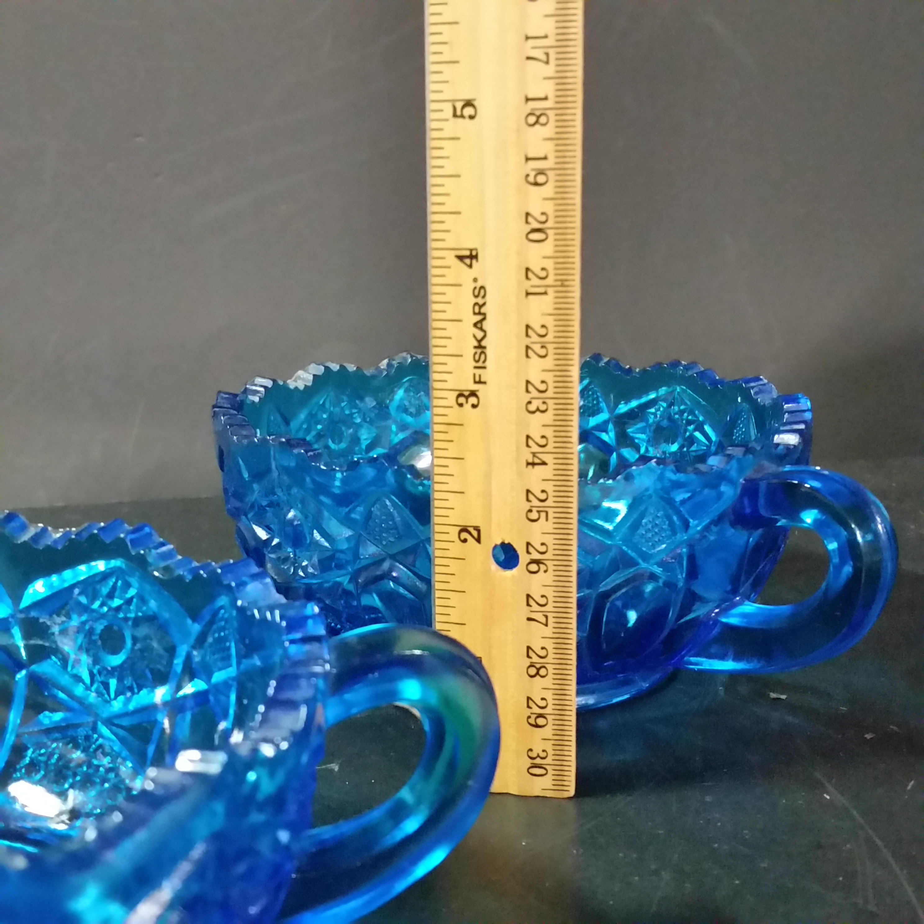 Vintage Set of 2 Blue Cut Glass Handled Bowls. Sawtooth Edge Etsy