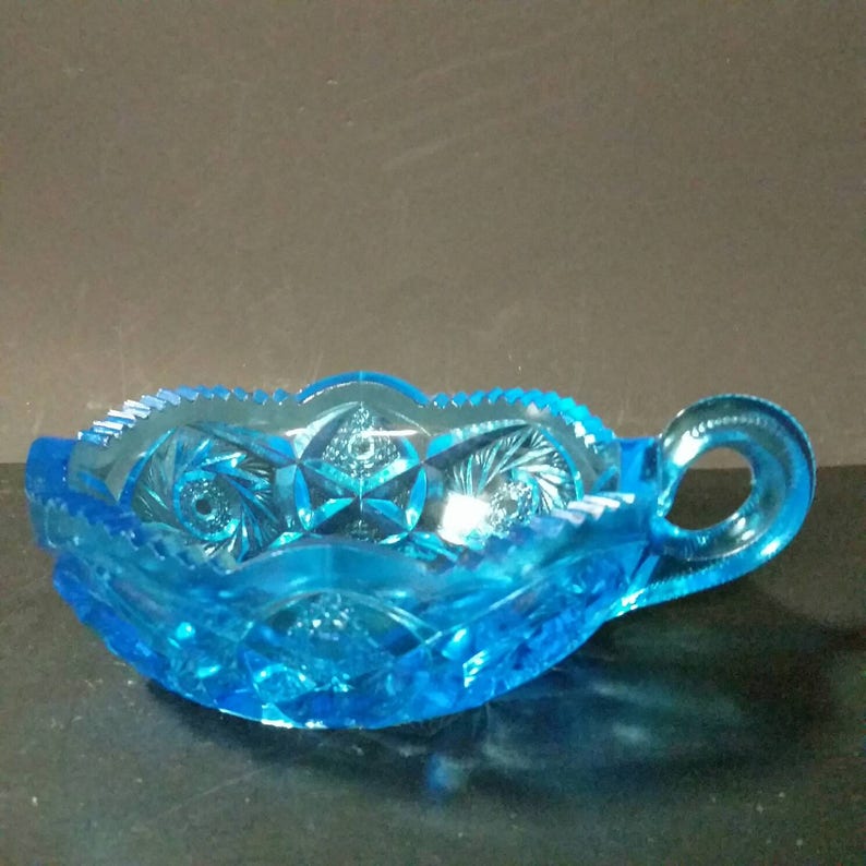 Vintage Blue Cut Glass Handled Relish Bowl. Sawtooth Edge Etsy