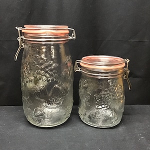 Retro Wire Closure glass jars. Fruit Embossed. Set of 2