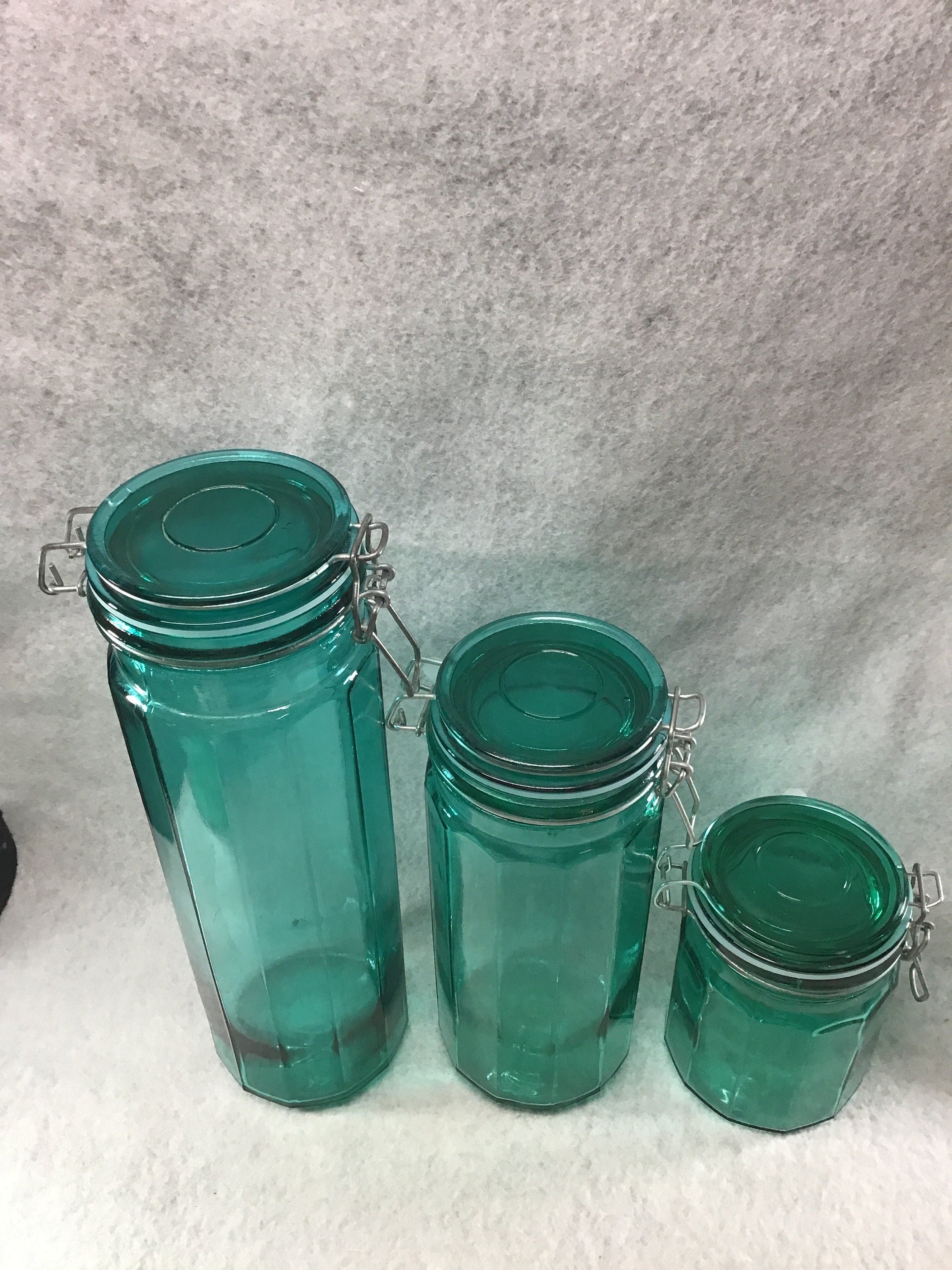 Tall Vintage Glass Jar With Wire Clamp Lid, Green Tint, 13 Inches